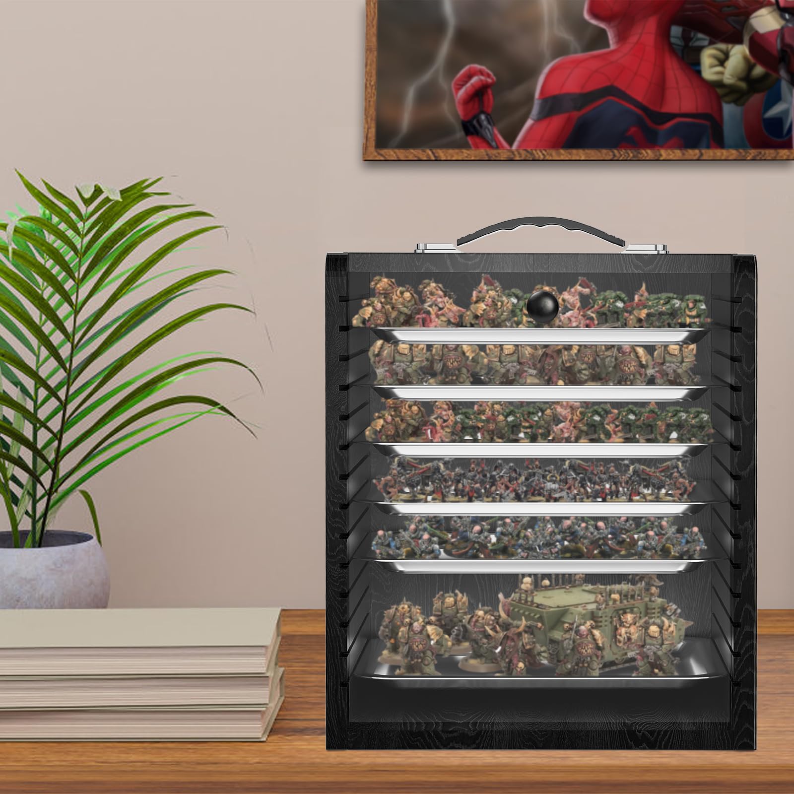 WELIDAY Miniature Storage Case for Collectibles Miniatures, Wooden Display Cases with 6 Trays, Miniature Display Case Miniatures Transport Case (Black)