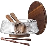 Extra Large Glass Salad Bowl Set, 4.8Qt Mixing Bowl with Acacia Wood Lid, Base and Salad Serving Utensils, Ribbed Serving Bowl Trifle Bowl, Practical Salad Bowls for Kitchen,Parties,Christmas