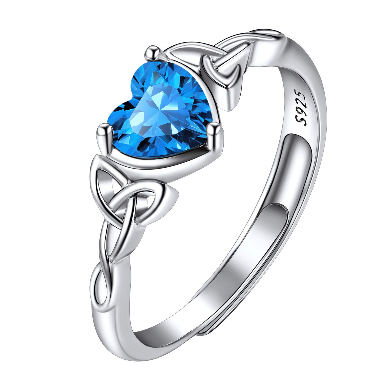 Suplight 925 Sterling Silver Rings December Birthstone Jewellery Blue Topaz Crystal Heart Shaped Adjustable Celtic Knot Solitaire Promise Engagement Ring for Women