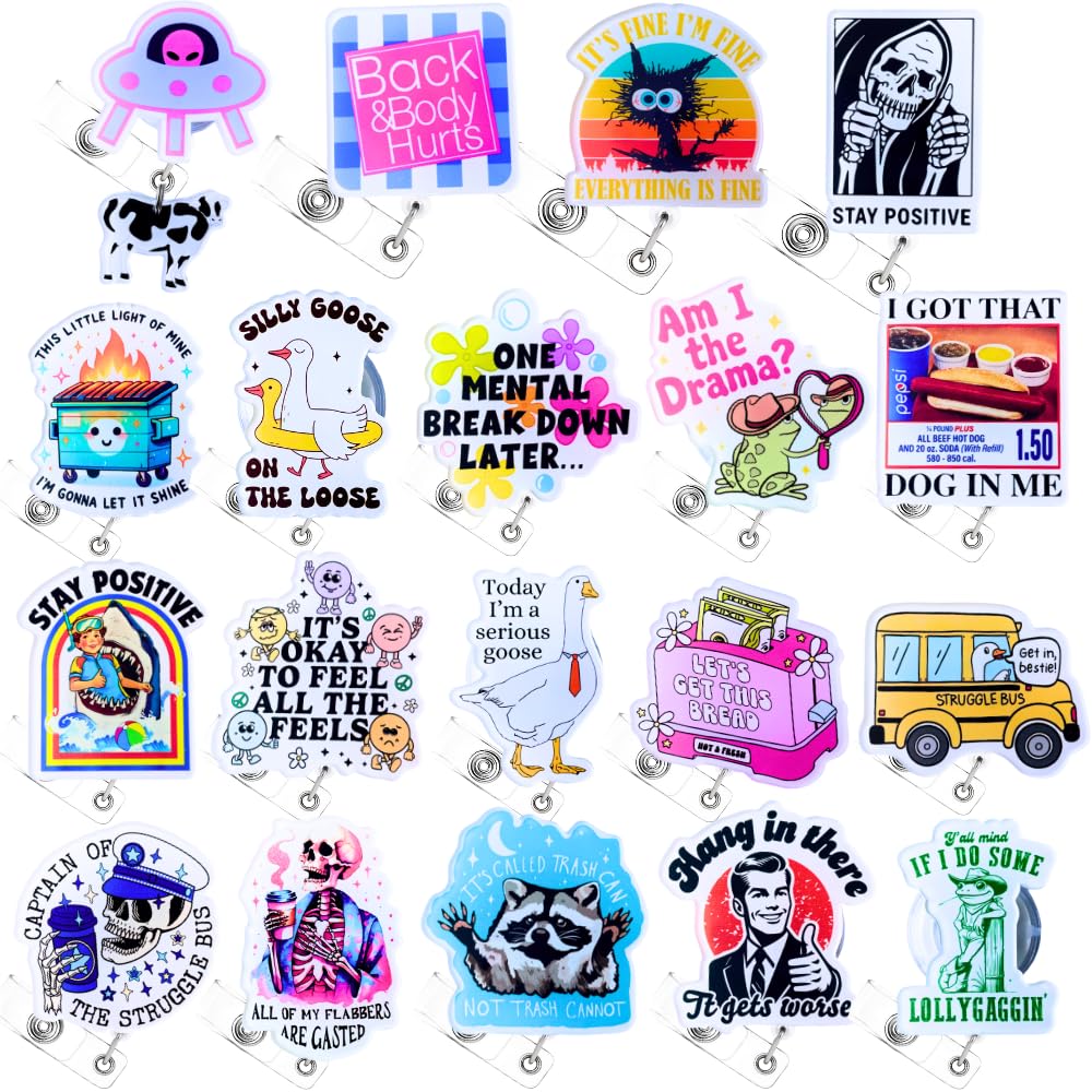 Photo 1 of 20PC Funny Badge Reels Bulk Pack Set Name ID Clip Holder Fun Cool Cute Meme Decor Dark Humor Sarcastic Skeleton Nurse Teacher Healthcare Medical Assistant Work Office Week Gifts Bulk Accessories