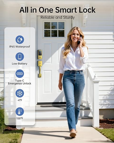 HORNBILL SMART LOCK FOR FRONT DOOR, KEYLESS ENTRY DOOR LOCK WITH HANDLESET, SMART DEADBOLT LOCK FOR HOME/NEW HOUSE, AUTO-LOCK, BRUSHED GOLD