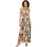 London Times Womens Sleeveless Maxi Floral Dress for Women - Halter Neck Pleated Summer Long Dress for Special Occasions