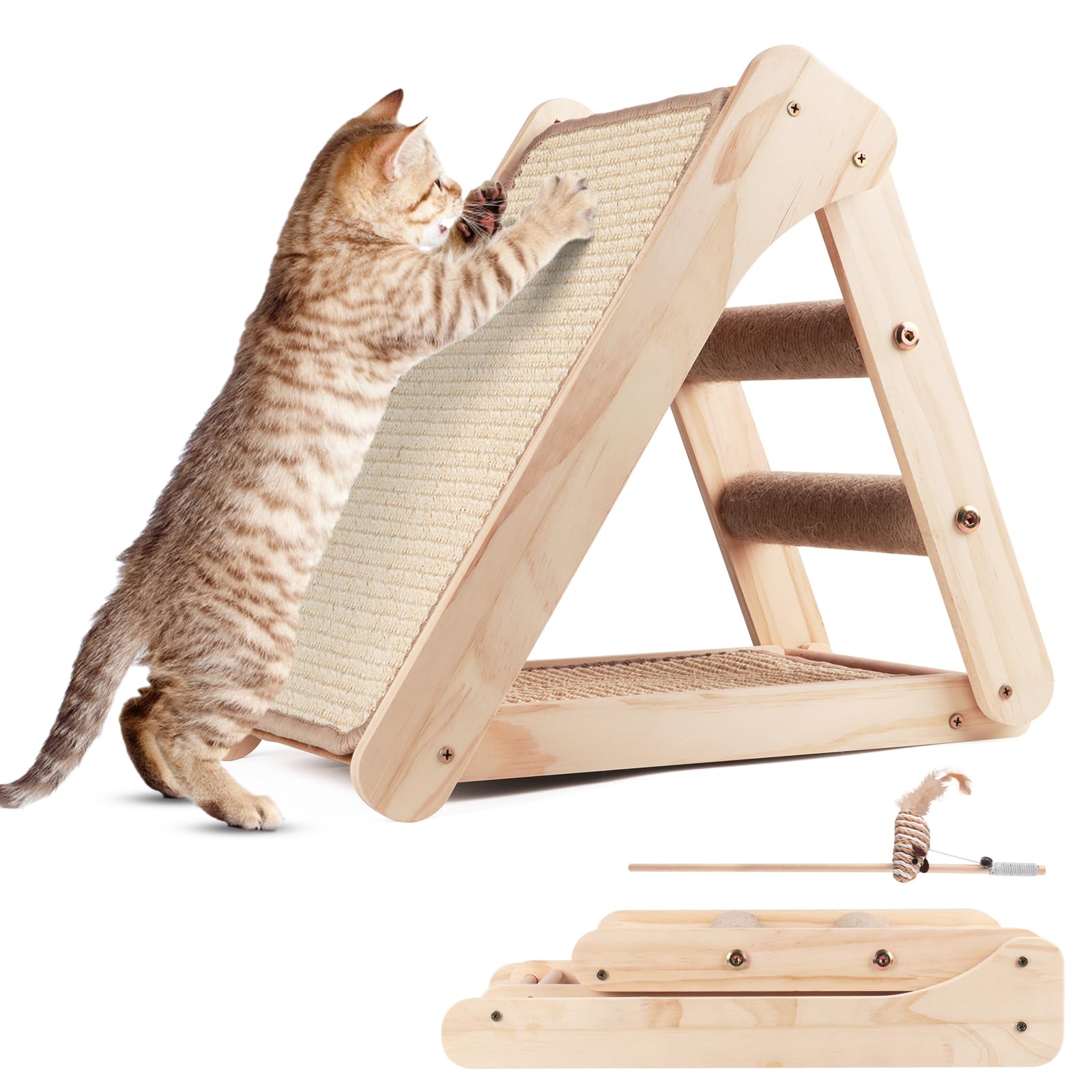 Photo 1 of Sisal Cat Scratcher Board,Triangular Cat Scratch Ramp with Climbing Ladder,Wooden Scratching Board with 2 pcs Sisal Pad for Kittens and Small Animals Indoor Use