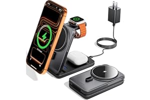 KPON for Magsafe Travel Charging Station, 3 in 1 Foldable Magnetic Phone Charger Stand for Apple, Wireless Charging Dock for Multiple Devices iPhone 17 16 15 14 13 12 Series/Apple Watch/Airpods