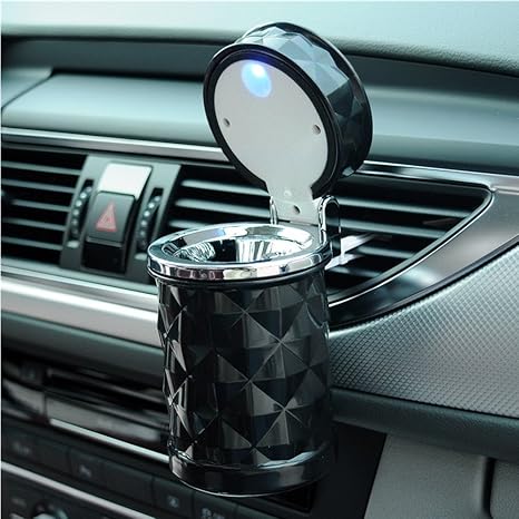 SOEKAVIA Portable LED Auto Aschenbecher mit deckel Raute Muster Aschenbecher mit Halterung für Auto-schwarz