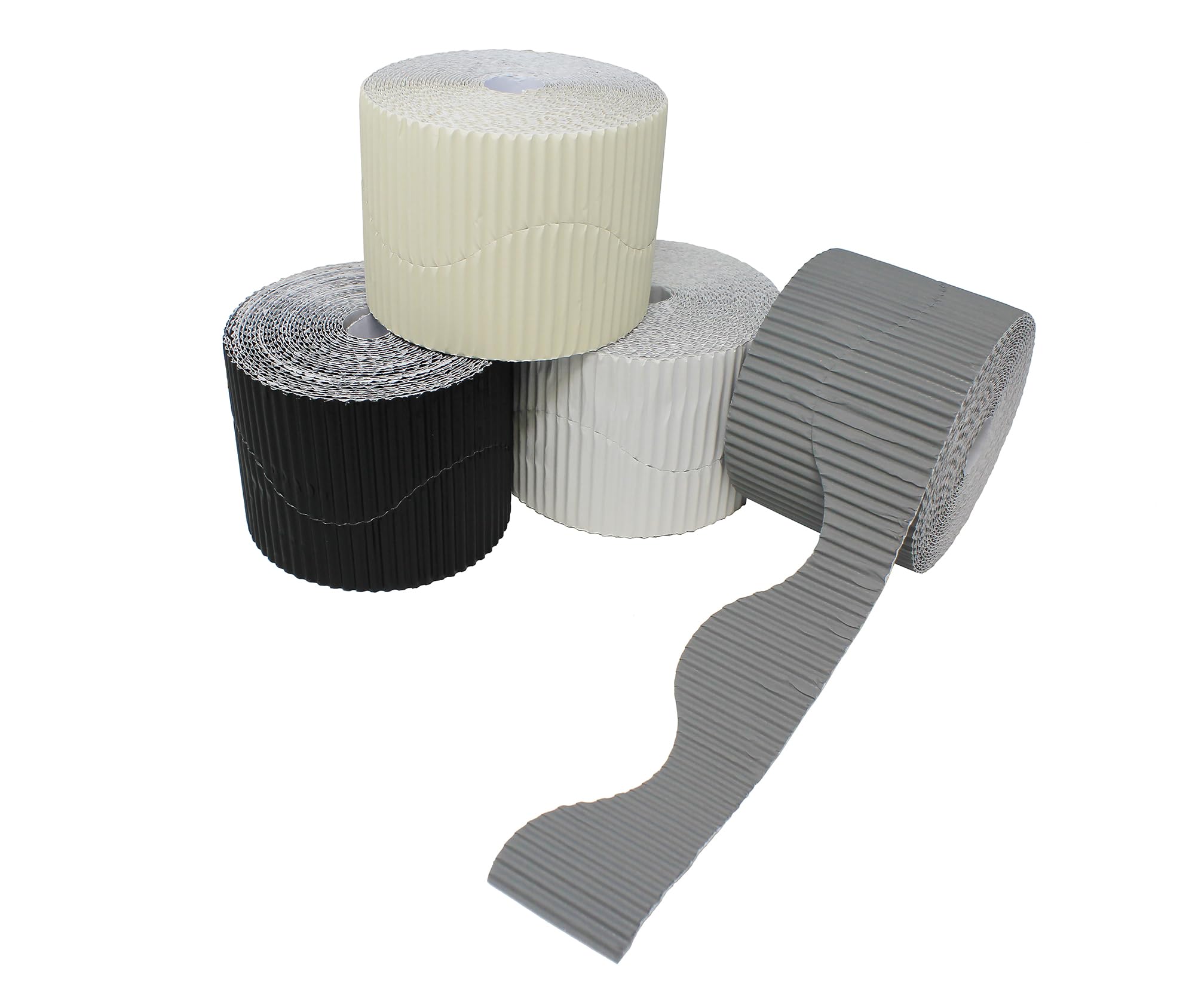 Bright Ideas Corrugated Border Rolls for School Displays, Monochrome Assortment, 4 Pack, 57mm x 7.5m (15m When Split), BI8231