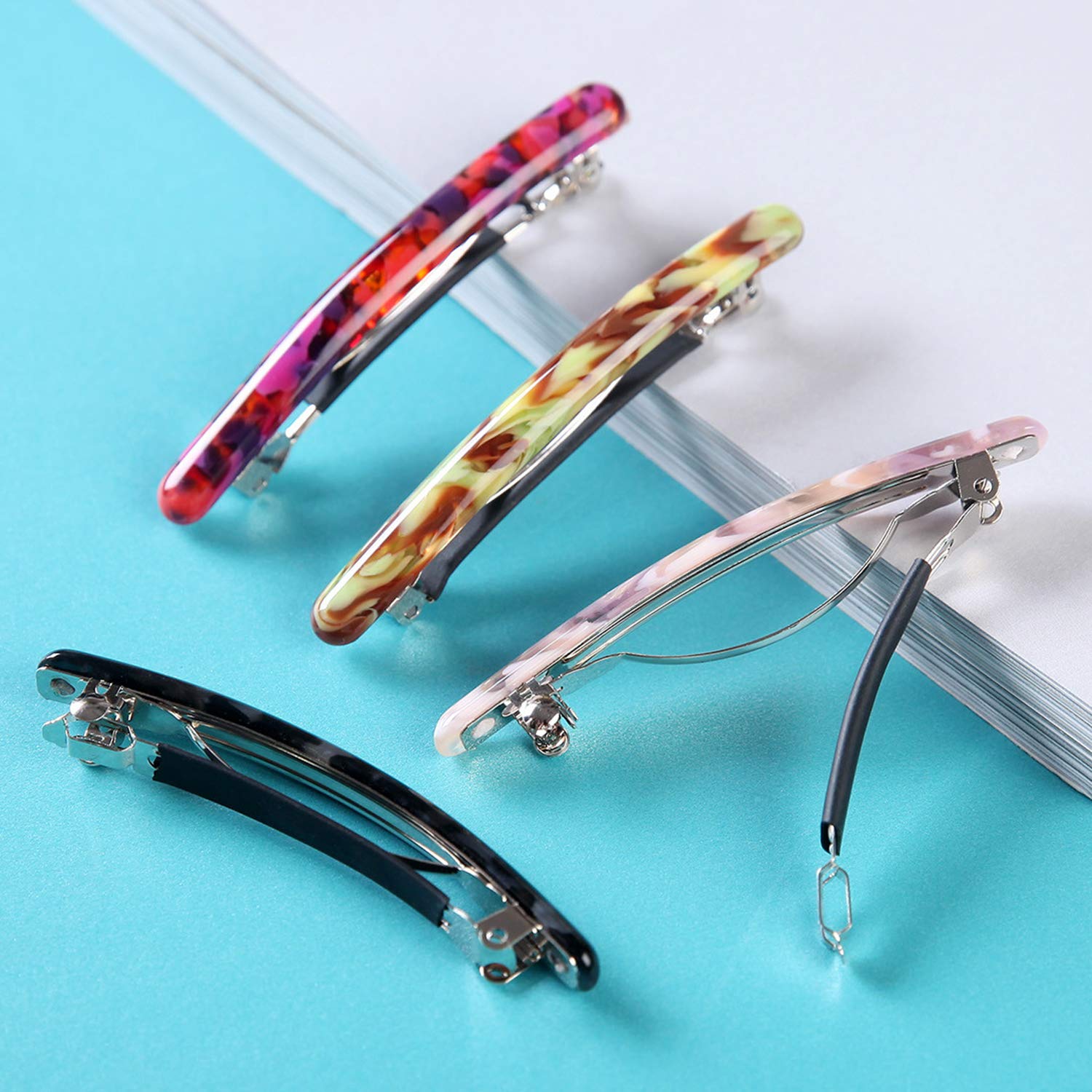 4 Pcs Skinny Hair Barrettes for Women, Colorful Small Barrette Clips for Thin Fine Hair, Celluloid Automatic French Hair Clips for Women Ladies : Beauty