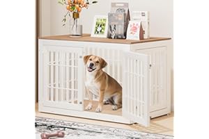 Snuowu 48" Heavy Duty Dog Crate Furniture for Small,Medium and Large Dogs,Rustic Wooden Dog Cage Kennel Indoor Furniture with Waterproof Top,Decorative Pet House Side End Table (White & Wood)