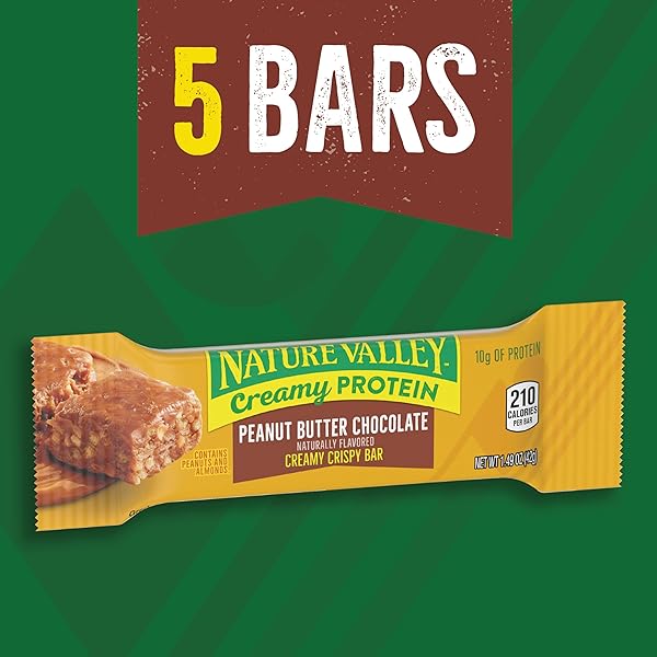 NATURE VALLEY CREAMY PROTEIN BARS, PEANUT BUTTER CHOCOLATE, 10G PROTEIN SNACKS, 5 BARS, 7.45 OZ