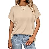 AUTOMET Women's Oversized Short Sleeve T-Shirt, Casual Drop Shoulder Top with Roll-Up Cuff Sleeves for Summer