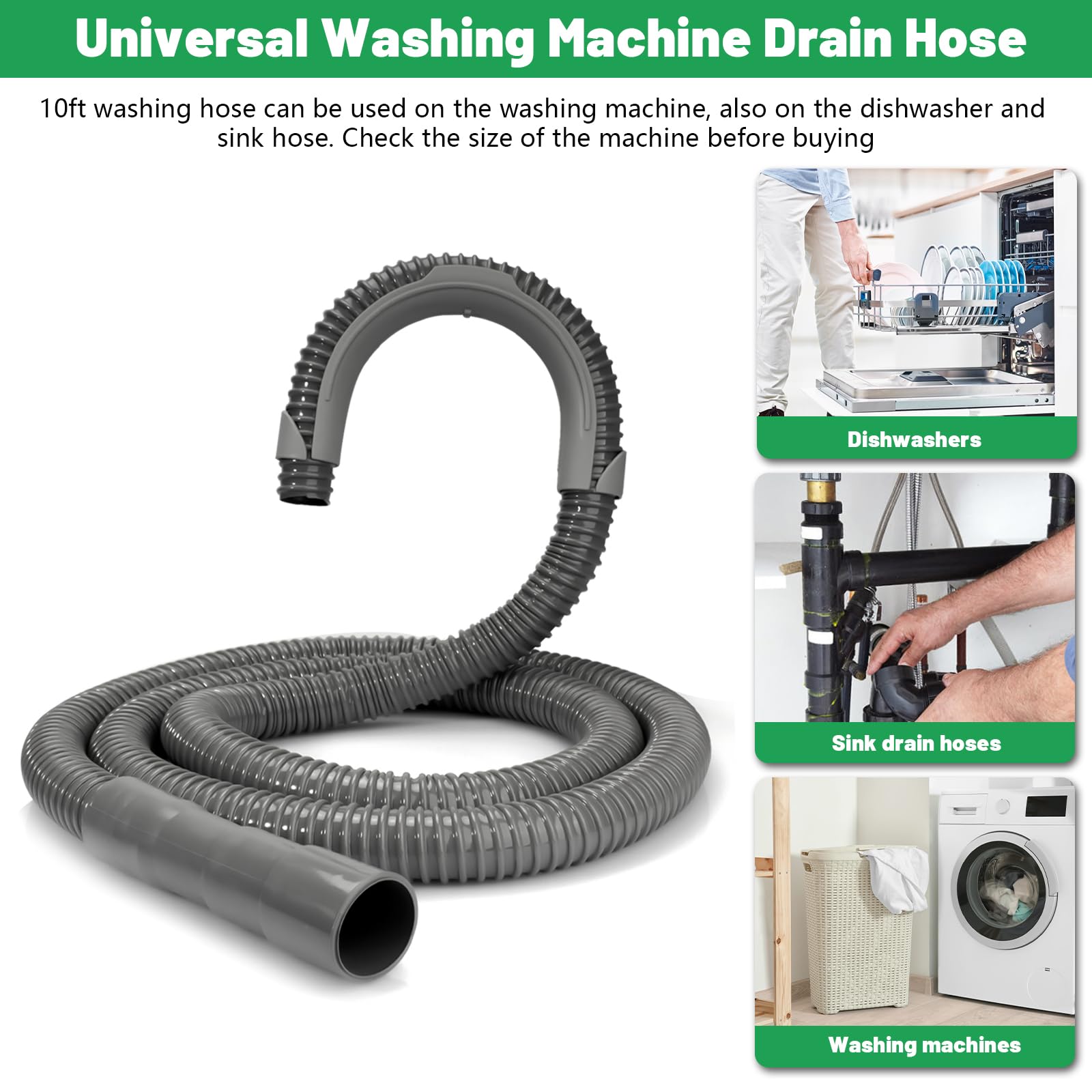 Universal Washing Machine Drain Hose Compatible with Samsung, LG, Whirlpool, Maytag, Kenmore, GE, Giantex, Panda and More - 10 Ft Corrugated Flexible Washing Hose with Clamp and U-Bend Holder