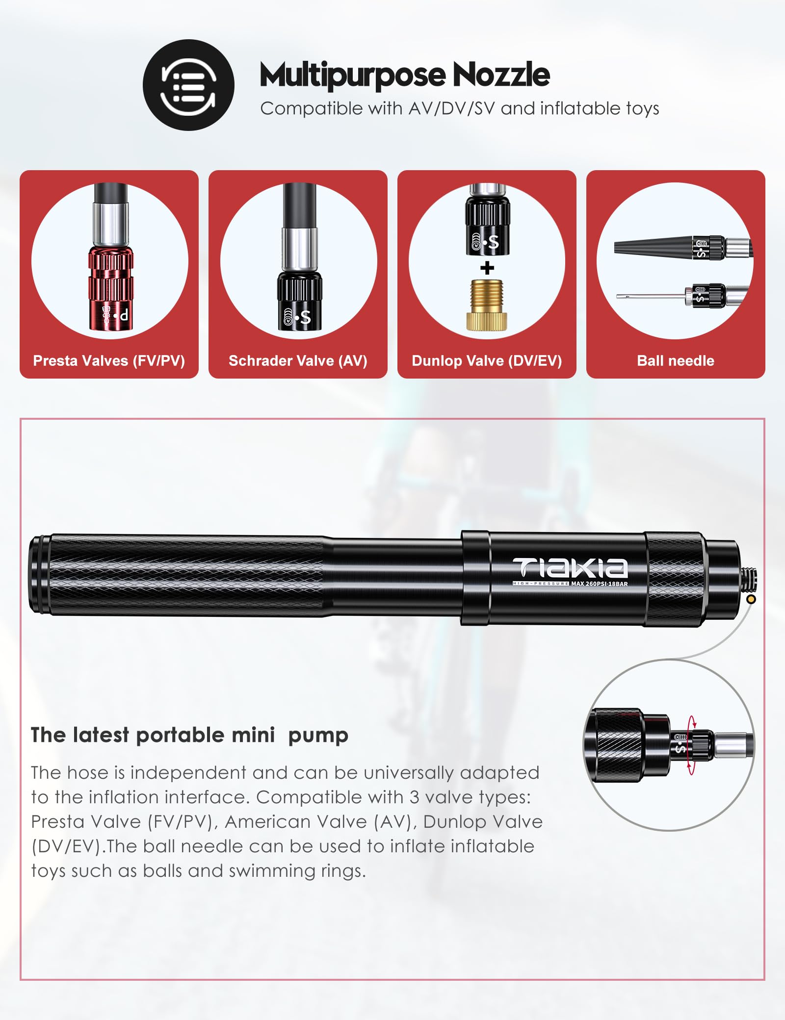 Tiakia Fahrrad Pumpe Mini 260PSI Hoher Druck Luftpumpe Klein für Presta Schrader Dunlop Ventile, Kompakt Tragbare Handpumpe Fahrradpumpe Leicht für BMX Mountainbike Rennrad E-Bike mit Montagehalterung 8