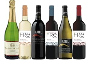 SAWTOOTH Non Alcoholic Wine 6 Pack Fre Moscato, Red Blend, Merlot, Chateau De Fleur Champagne, Ariel Cabernet Sauvignon and Chardonnay Holiday Dinner Pairing Gift Ideas Sampler Pack