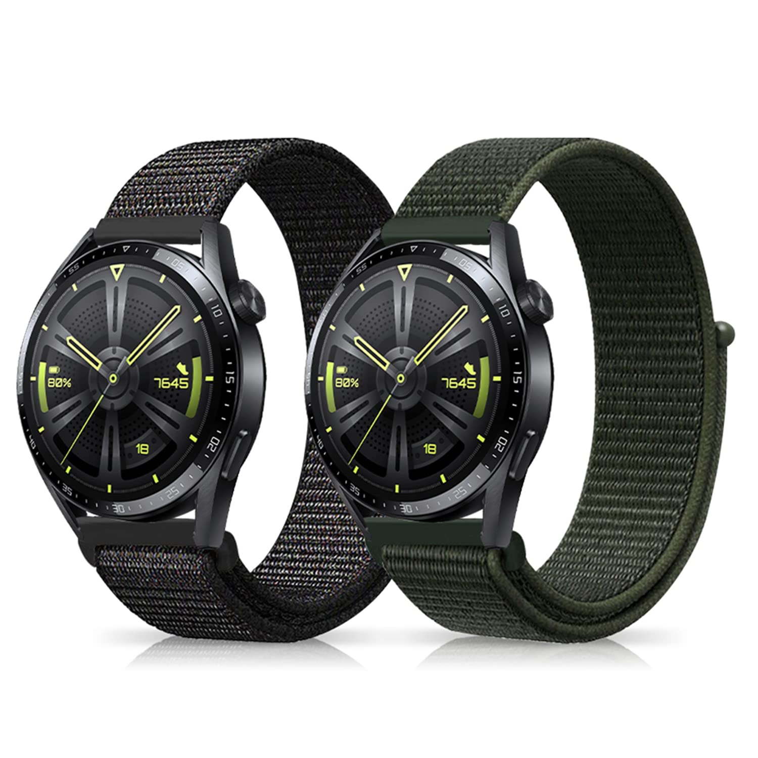 Niboow 22mm Strap for Huawei Watch GT 6/GT 6 Pro/GT 5/GT 5 Pro/GT 4/GT 3/GT 2 Pro (46mm), Nylon Soft Watch Bands for Huawei Watch5/Watch4/Watch3 Pro (46mm)/Watch4 Pro 48mm - Black+Green