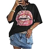WDIRARA Women's Lip Graphic T Shirts Crew Neck Half Sleeve Tee Streetwear Tops