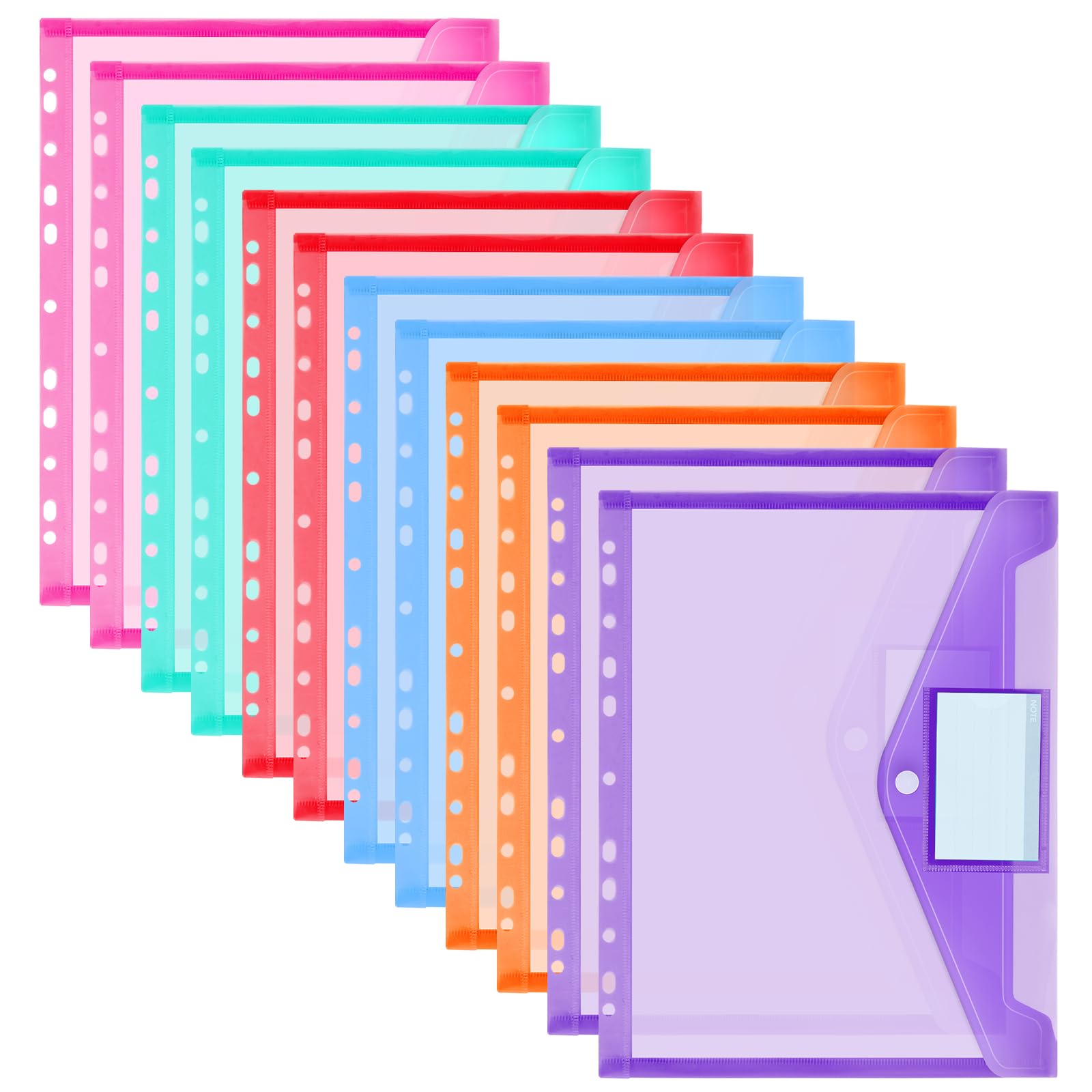 OFFCUP Plastic Wallets A4 Punched Pockets, 12 Pack Expandable Folders Document Files for 2/3/4 Ring Binder with Button & Label, 11 Holes Popper Wallets or School Office Home Travel