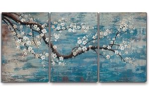 amatop Wall Art for Living Room 100% Hand-Painted Flower Oil Painting On Canvas Gallery Wrapped Large Framed Floral Plum Blossom Tree Teal Blue Artwork for Home Bedroom Decor 48"x24"