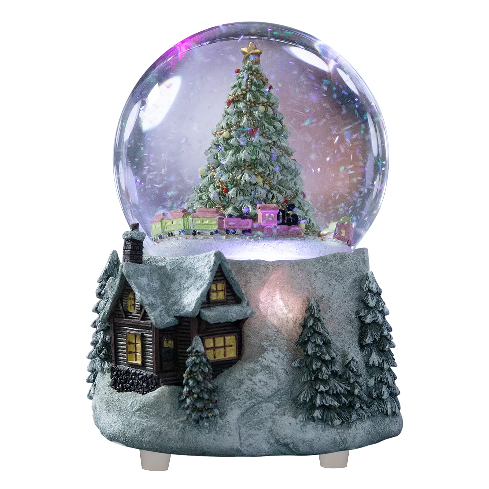 Juniland MG-7282 4" Play O Christmas Tree Snow Globe with Automatic Twist Pull Colour Changing Light Effect