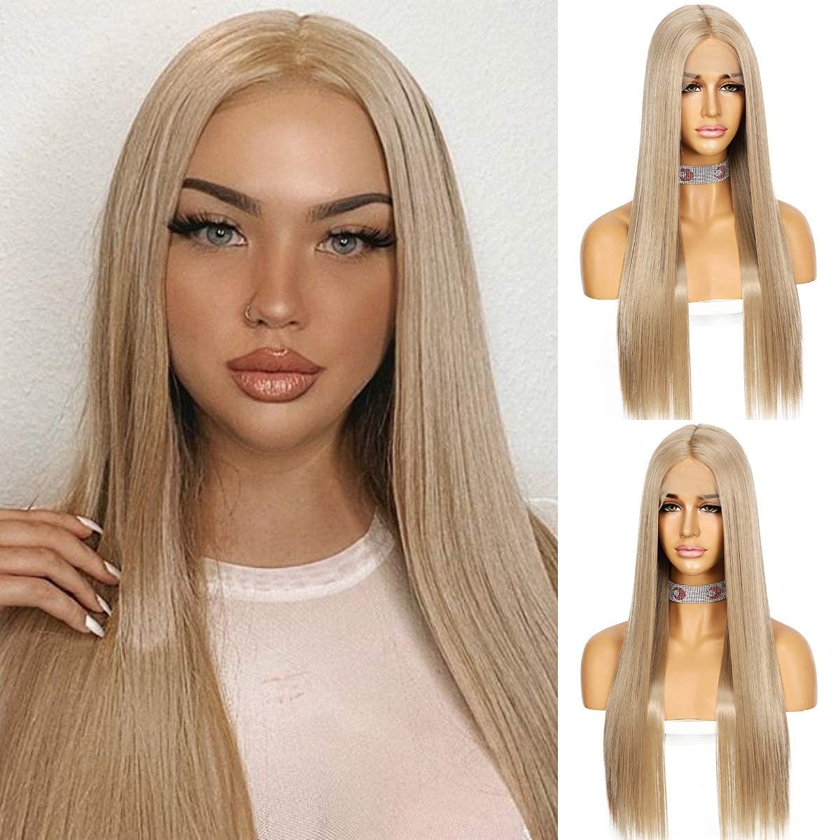 Sapphirewigs Ash Blonde Straight Wig for Women Long Lace Front Wigs with Middle Part Straight Japanese Synthetic Hair Party Christmas 150% Density Wig 26inch