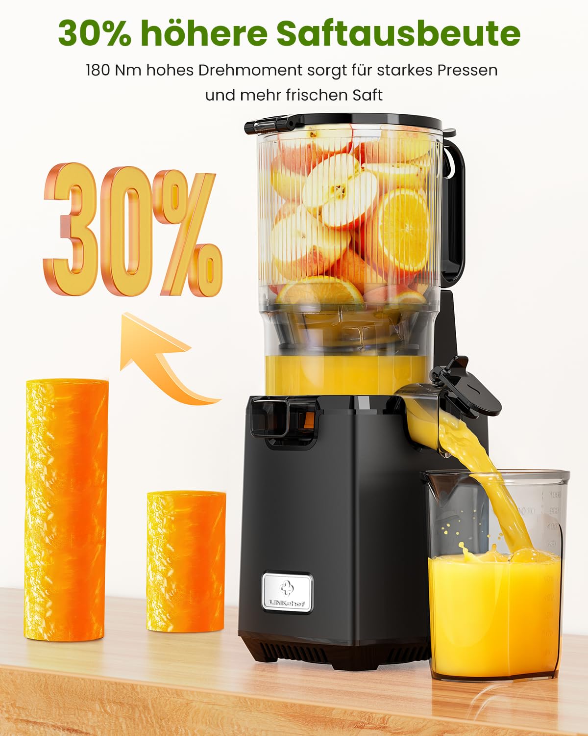 LINKChef Entsafter Slow Juicer, Entsafter Gemüse und Obst Testsieger, 130MM Öffnung und 1,8L Juicer Machine mit Umkehrfunktion, Einfache Installation, Leicht zu Reinigen, 100% BPA Frei, 250W 4