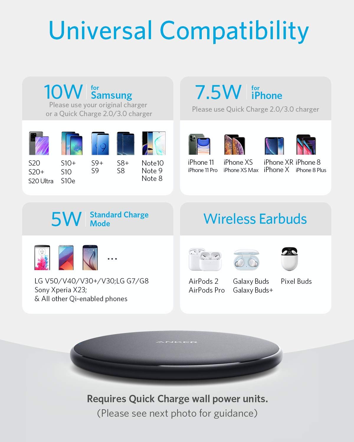 Anker Wireless Charger, PowerWave Pad Qi-Certified 10W Max for iPhone SE (2020), 11, 11 Pro, 11 Pro Max, Xs Max, XR, XS, X, 8, 8 Plus, AirPods, Galaxy S20 S10 S9 S8, Note 10 9 8 (No AC Adapter)