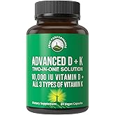 Peak Performance Advanced Vitamin D 10000 IU with All 3 Types of Vitamin K Capsules 10,000 IU Vitamin D3 and Vitamin K2, K1, MK-7 (MK7), MK4 Supplement. 60 Small and Easy to Swallow Pills