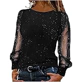 Sequin Tops for Women Long Mesh Sleeve Sparkly Sequined Shirt Elegant Crew Neck Party Blouse for Evening Casual Blouses