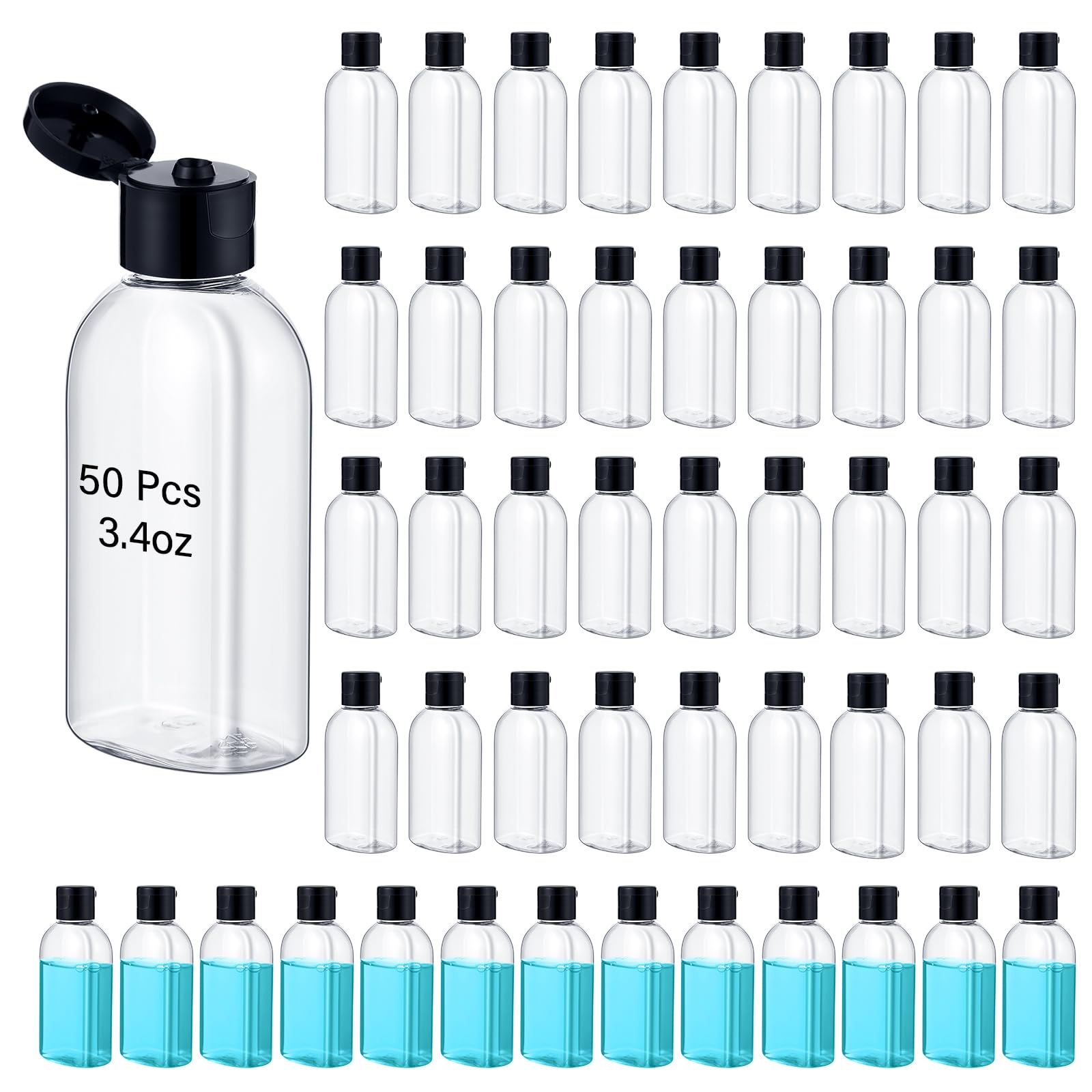 Photo 1 of Reallnaive 50 Pcs 3.4 oz Empty Plastic Travel Bottles 100ml Clear Small Travel Size Bottles with Black Flip Cap Bottles Refillable Empty Containers for Shampoo Lotion Liquid Body Soap Cream Toiletries
