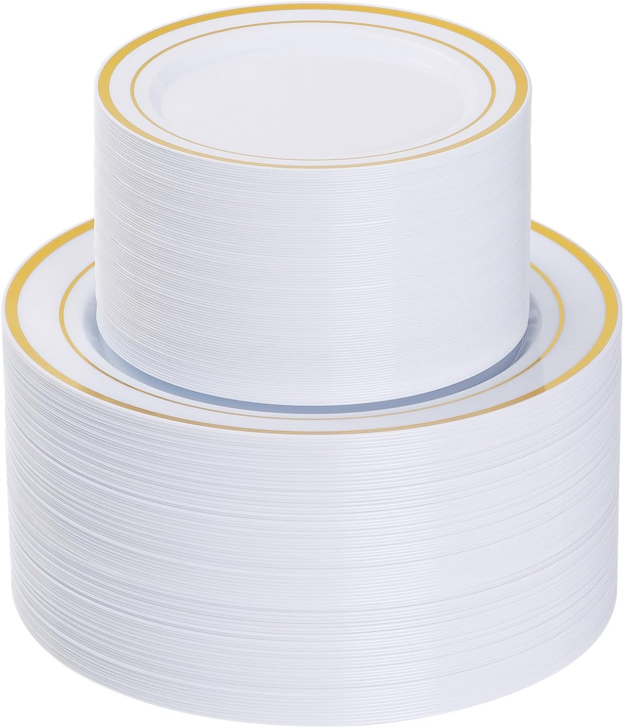 Photo 1 of **Missing small plats** Goodluck 200PCS Gold Plastic Plates, Heavy Duty Disposable Gold Plates with 100 10.25 inch Dinner Plates and 100 7.5 inch Dessert Plates for Party, Holiday, Wedding, Thanksgiving