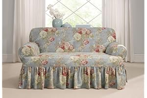 Waverly Ballad Bouquet Ruffled T Cushion Loveseat Slipcover, Loveseat T Cushion Cover with Cotton Floral One Piece Design and Ruffled Skirt, Machine Washable Loveseat Cover, Robin's Egg