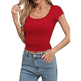 Missufe Women's Scoop Neck Short Sleeve Ribbed Knit Slim Fit Casual Basic T Shirt Crop Top 2025 Trendy Outfits