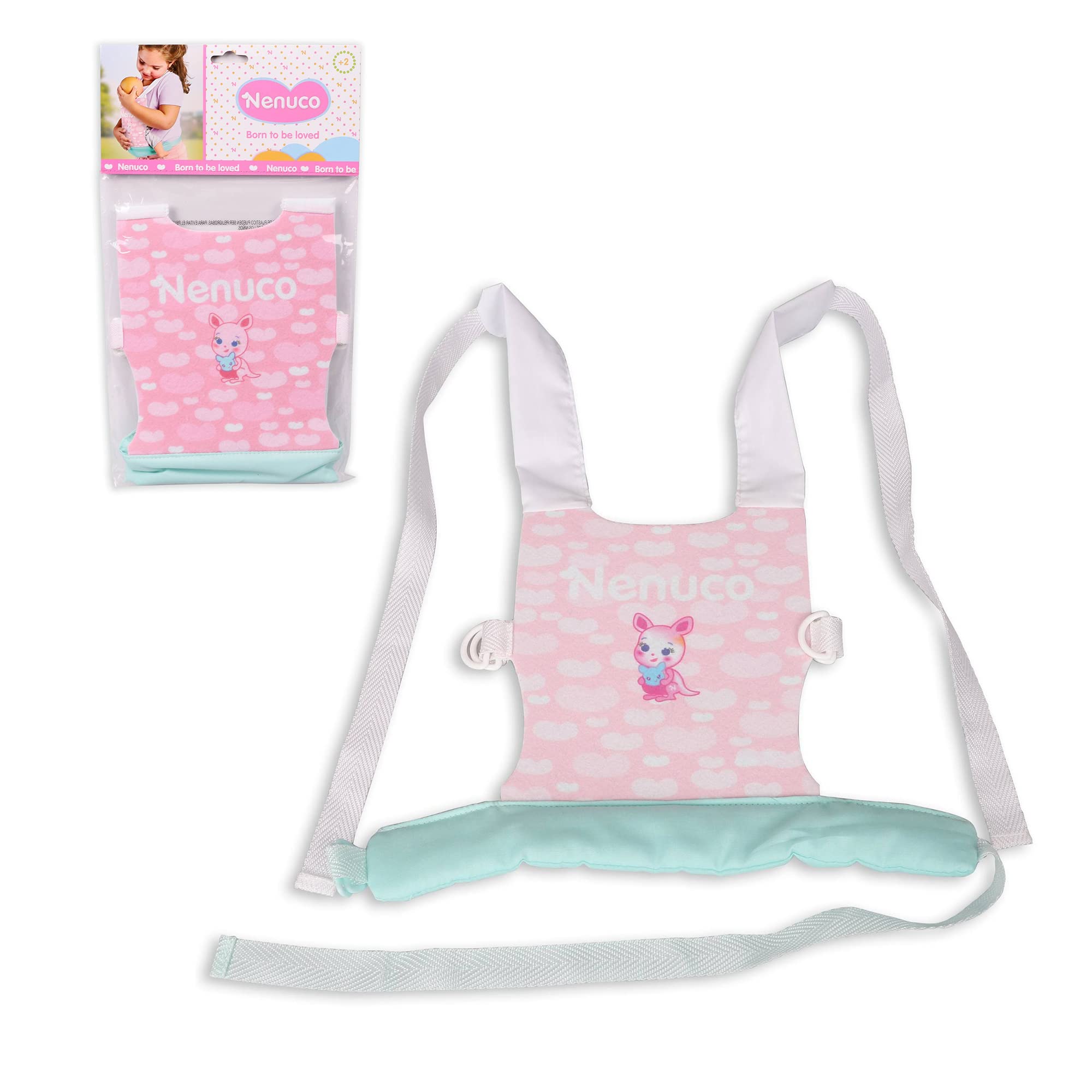 Nenuco - Baby carrier, pink and green fabric carrier/backpack to take your baby doll for a walk, with adjustable handles, for boys and girls from 2 years old, affective development, Famosa (NFN37000)
