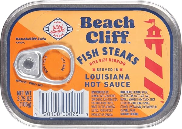 BEACH CLIFF WILD CAUGHT HERRING FISH STEAKS IN LOUISIANA HOT SAUCE, 3.75 OZ CAN – 14G PROTEIN PER SERVING