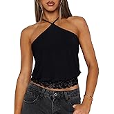 REORIA Womens Sexy Halter Lace Double Lined Tank Tops Trendy Cute Summer Y2K Backless Going Out 2026 Cami Crop Tops