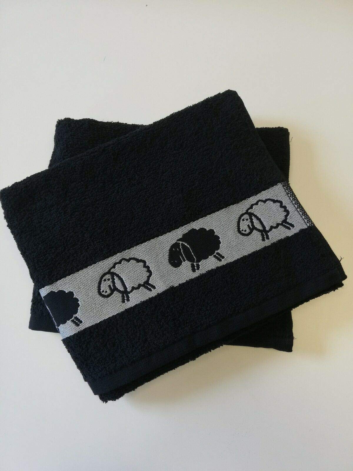 Sue Rossi Ltd 100% Cotton Tea Towels Waffle Embroidered Animal Cooks Cloth Luxury 3 Pack Kitchen Towel Set (Black Sheep)
