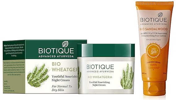 Biotique Bio Wheat Germ FIRMING FACE and BODY NIGHT CREAM For Normal To Dry Skin, 50G and Biotique Bio Sandalwood Sunscreen Ultra Soothing Face Lotion, SPF 50+, 50ml