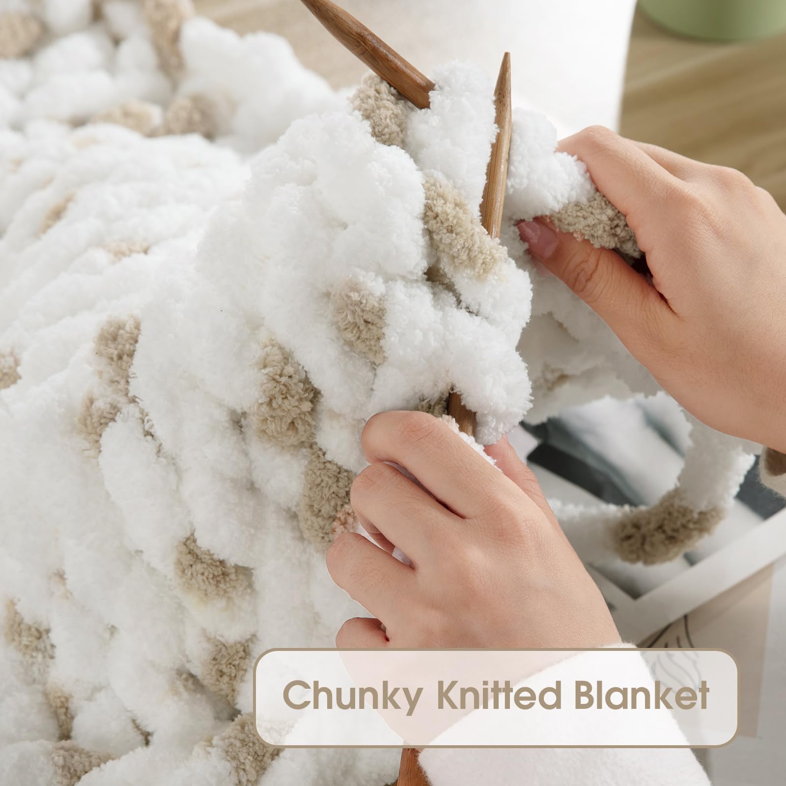 HOMBYS Chunky Chenille Yarn for Hand Knitting,Fluffy Plush Thick Yarn for Arm Knitting,Super Bulky Giant Yarn,Big Soft Speckle Yarn for Crocheting,8 Jumbo Pack,White & Kahki (29 yds,7.5 oz Each Skein)