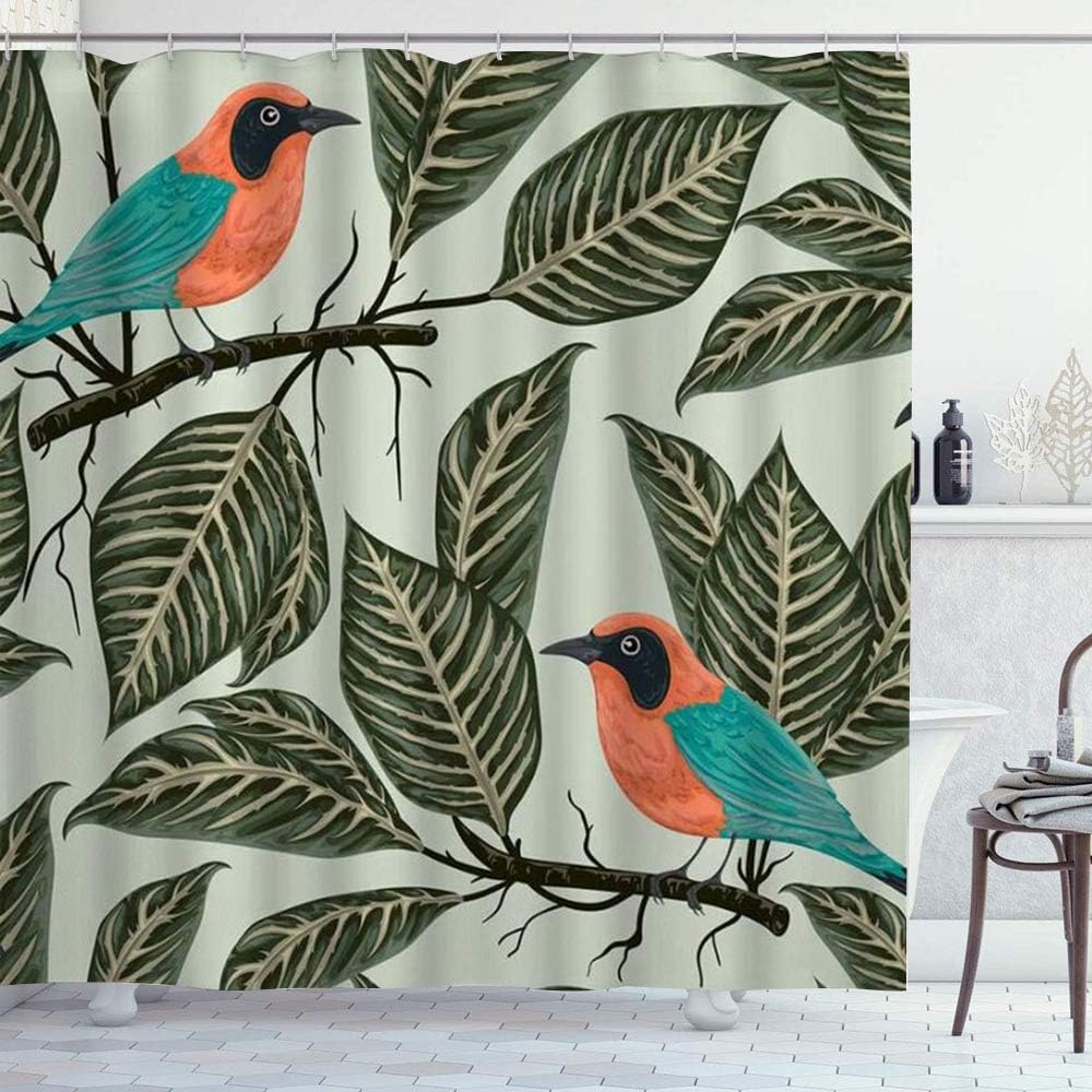 PATINISA Shower Curtain Bird Tropical Plants Exotic Flora Fauna Hand