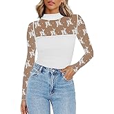 Yousify Womens Mock Neck Mesh Top Floral Lace Long Sleeve Tops Sheer See Through Sexy Going Out Shirts