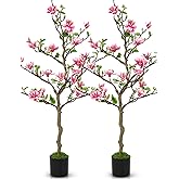 Jexine 2 Pack Artificial Magnolia Tree 40 Inch Tall Faux Magnolia Flower Tree with Pot Realistic Flower Plant for Indoor Outdoor Porch, Living Room, Floor, Store and Hotel, Pink and Green