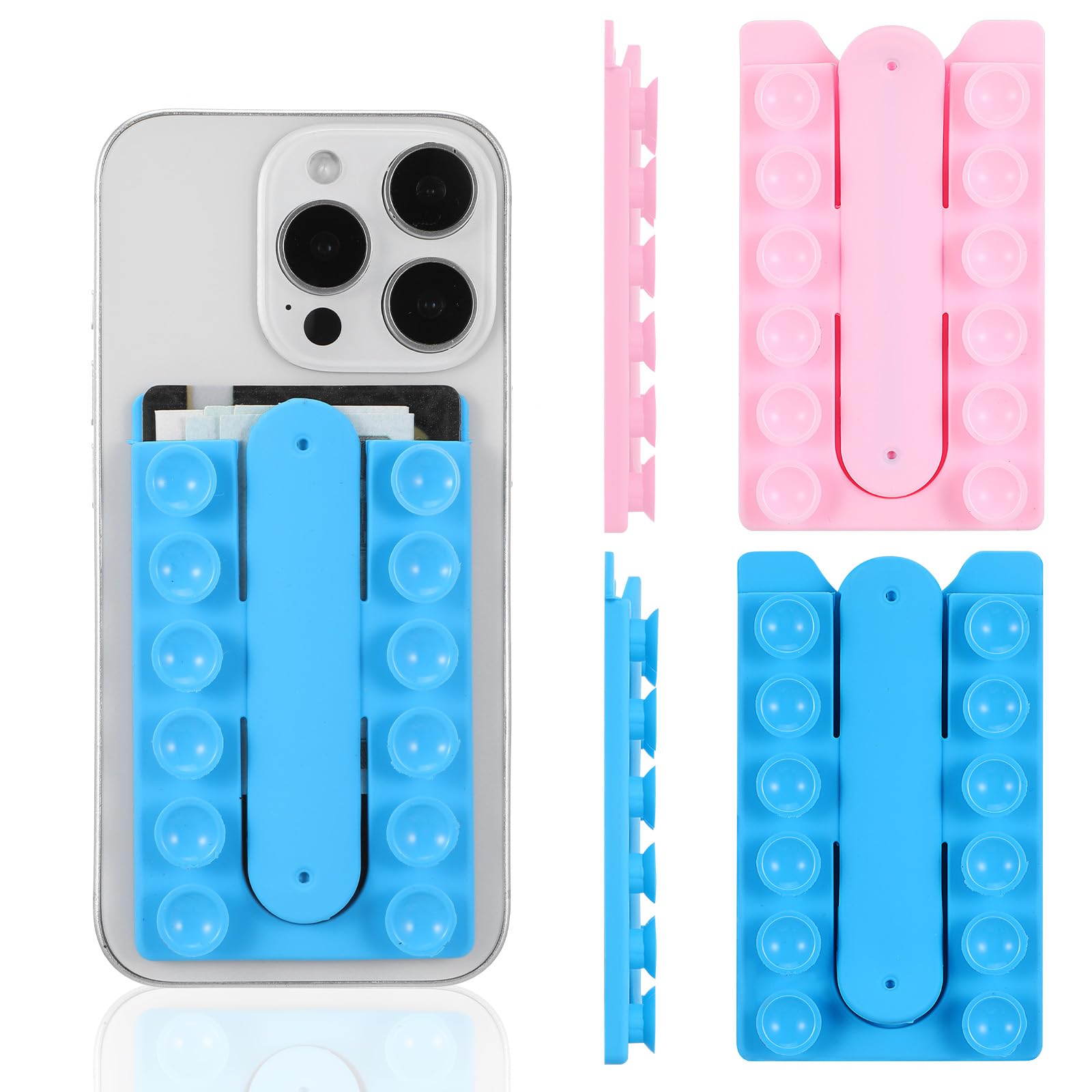 Photo 1 of Nogeqi 2PCS Silicone Suction Phone Card Holder, Multi-Purpose Adhesive Suction Phone Grip Hands-Free for Selfies and Videos, 3.78 X 2.24inch (Pink, Blue)