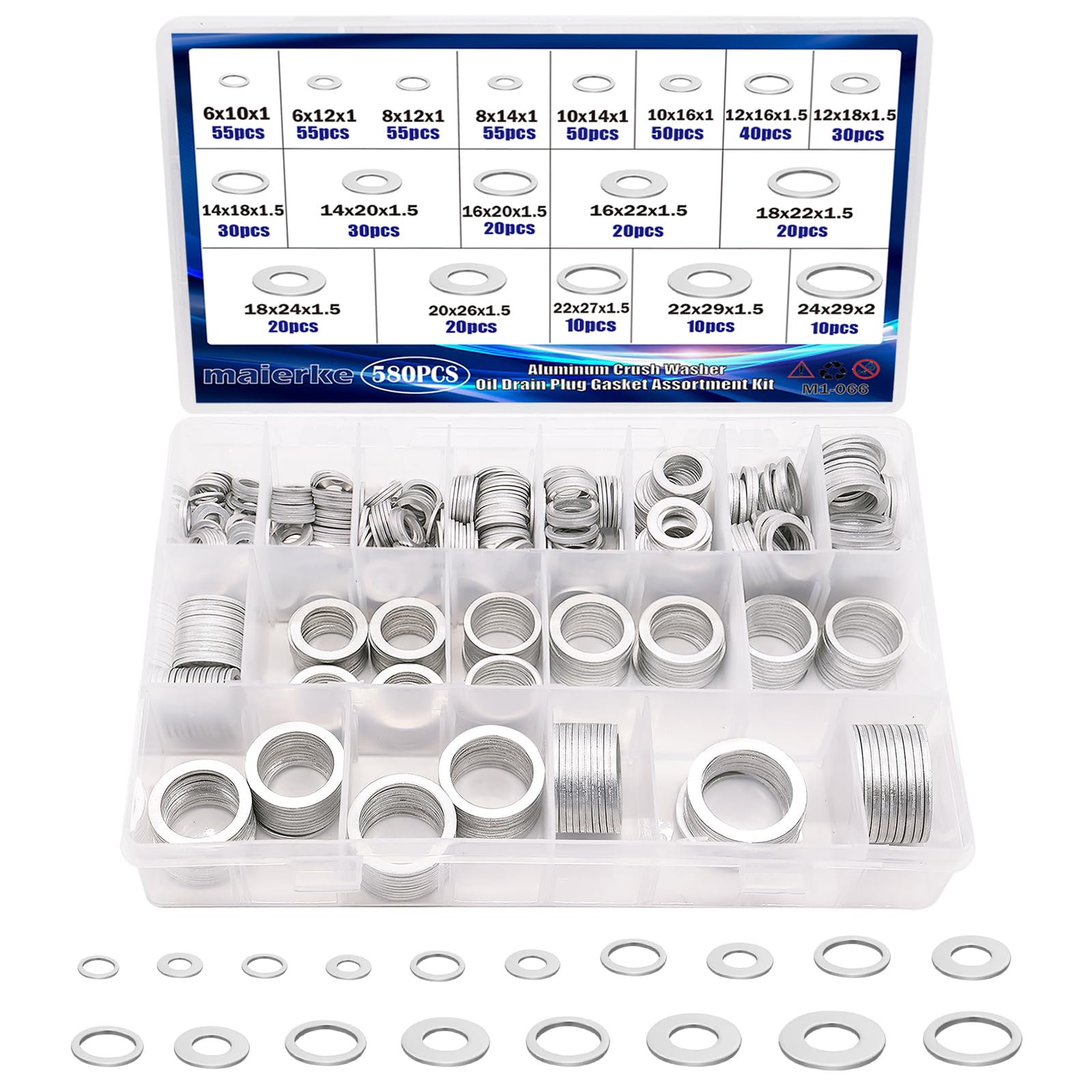 Photo 1 of maierke 580PCS Crush Washer Oil Drain Plug,18 Sizes Aluminum Oil Drain Plug Gasket Assortment,Automotive Engine Crush Washers (M6 M8 M10 M12 M14 M16 M18 M20 M22 M24)