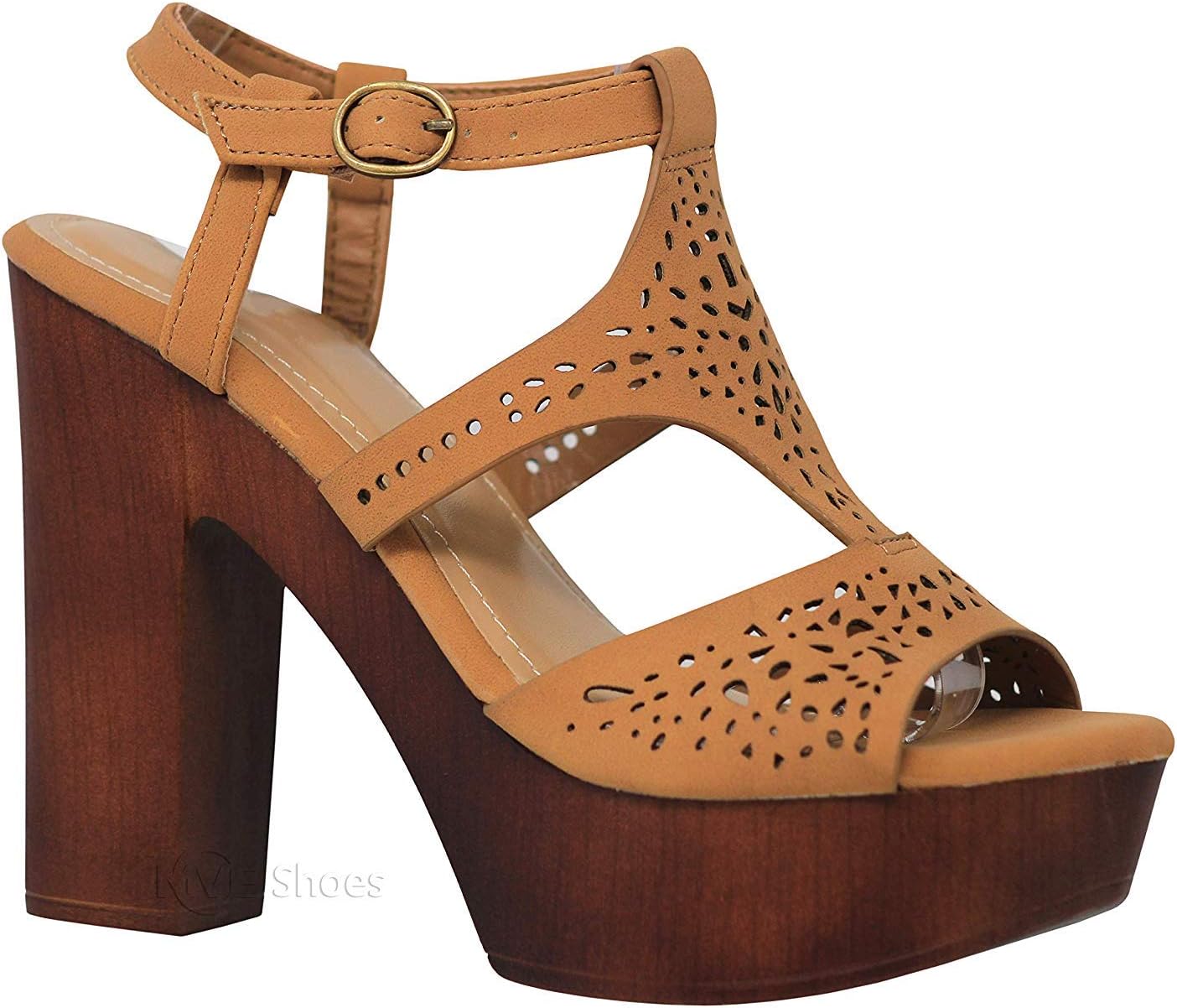 MVE Shoes Women's Ankle Strap Faux Wood Platform Chunky Heel Sandal