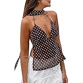 Women Sexy Polka dot Halter Neck Tie Back Tank Top Deep V Neck Backless Camisole with Scarf Club Outfits
