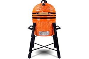 London Sunshine Ceramic Kamado Charcoal BBQ Grill and Smoker, Stainless Steel Grates -15" Ceramic with Tall Stand (ORANGE)