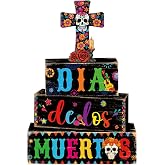 Mimorou 4 Pcs Day of The Dead Table Decorations Wooden Mexican Dia De Los Muertos Altar Centerpiece for Table Tiered Tray Decor Sugar Skull Cross Block Signs for Halloween Party Home Shelf Decoration