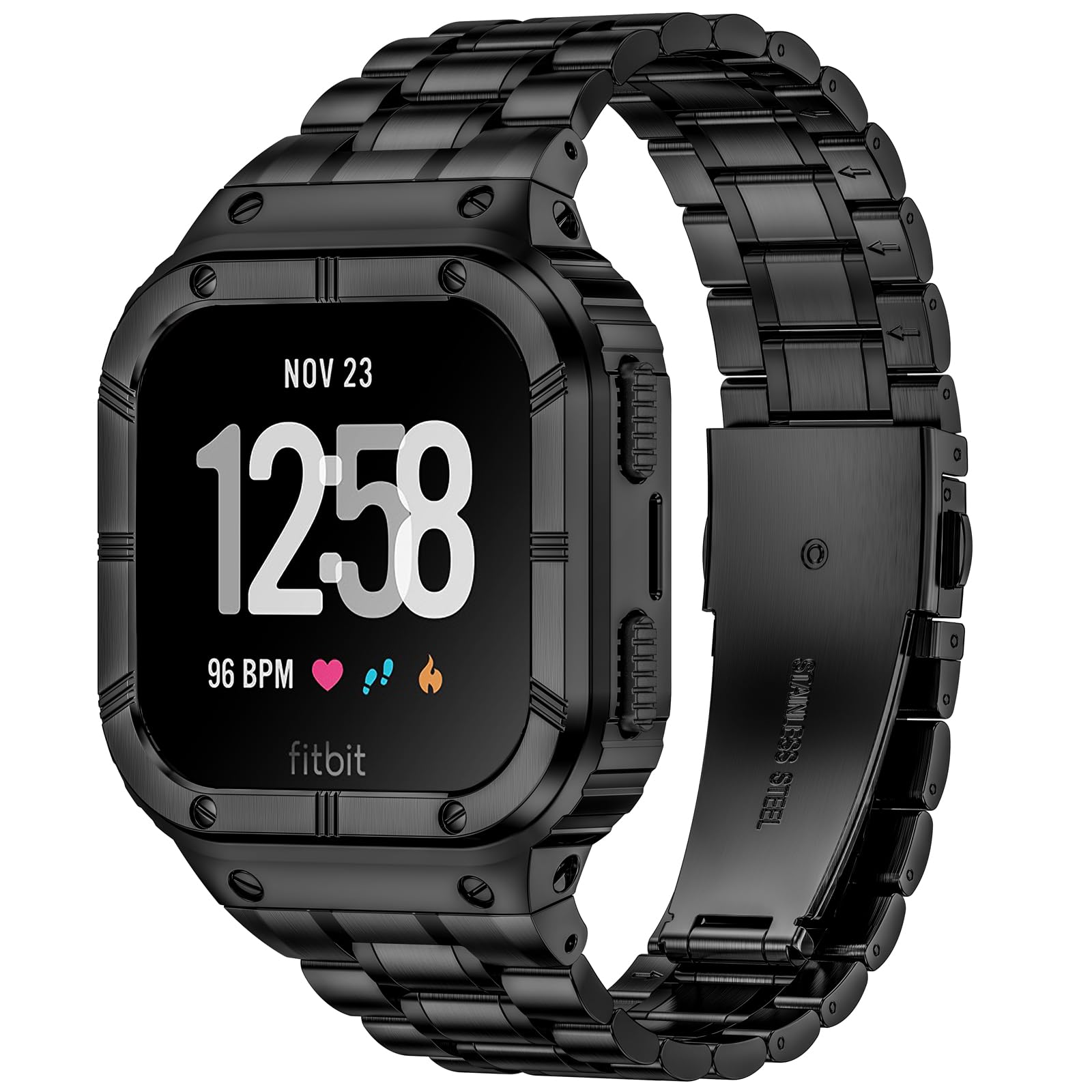 Photo 1 of BAITEYOU Stainless Steel Watch Band with Case Compatible for Fitbit Versa 4 3 2 1 Lite,Fitbit Sense 2/Sense Bands, Rugged Protective Bumper Metal Wristbands for Men Black