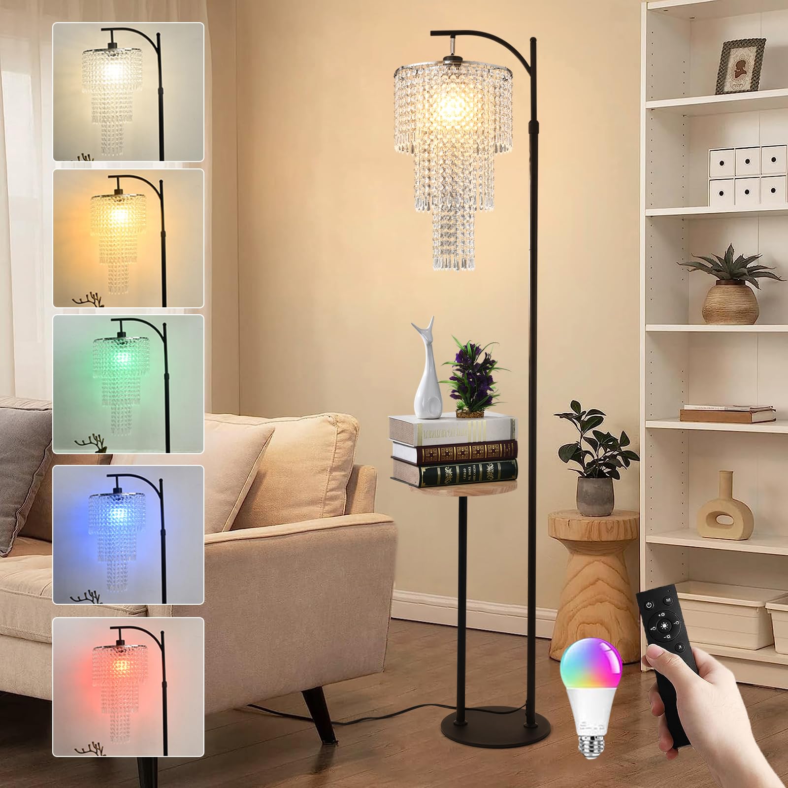 Photo 1 of Arc Floor Lamp with Table and Shelves,Crystal Floor Lamps for Living Room,Dimmable Elegant Modern LED Floor Standing Lamp with Remote Control & 10 Colors,Black Adjustable Tall Lamp For Bedroom Corner