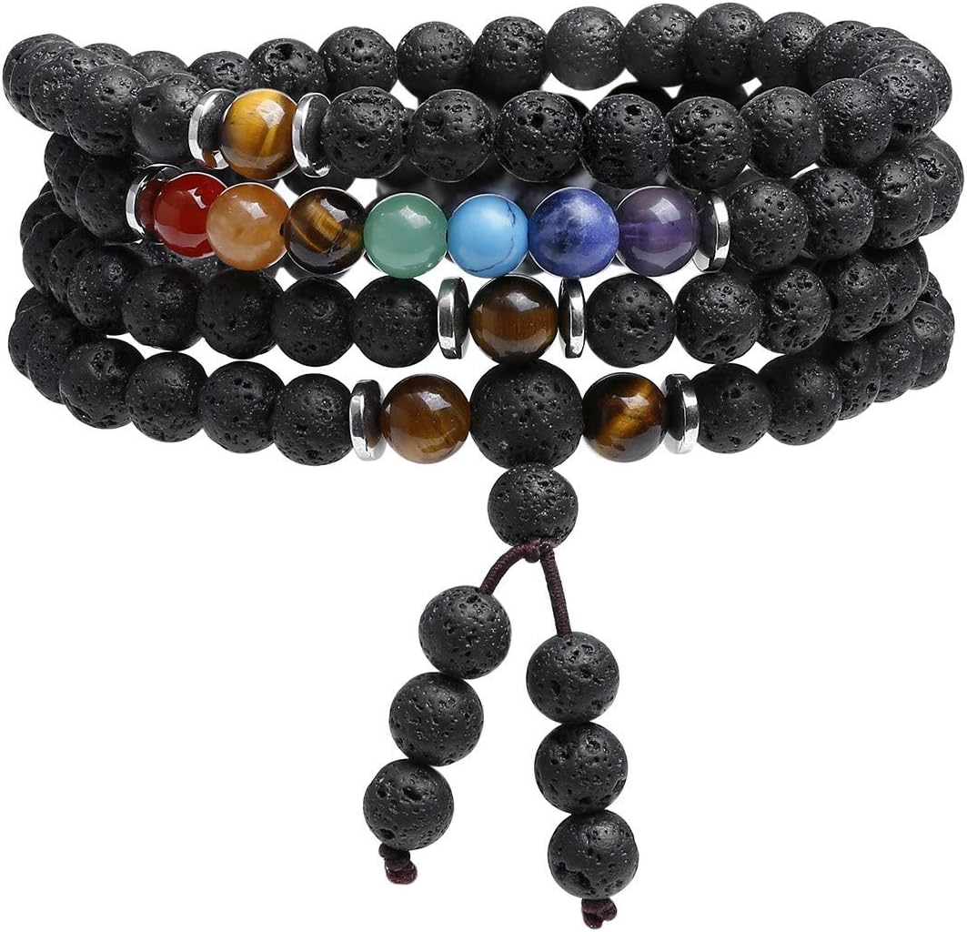 JOVIVI 108 Mala Prayer Beads Meditation Bracelet 7 Chakra Crystal Healing Lava Rock Stone Essential Oil Aromatherapy Diffuser Necklace Men Women Reiki Jewellery