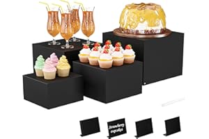 YFEEN Metal Buffet Risers,4PCS Food Risers for Buffet Table 5in to 8in Display Stand with Mini Acrylic Signs for Catering Dessert Collectibles Jewelry Figures Show Matte Black Cube Boxes Nesting Risers with Hollow Bottoms